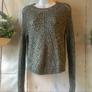 Lucky Brand Sweater Gray Open Knit Cable Chunky Grey BlackTan Silver Metallic
